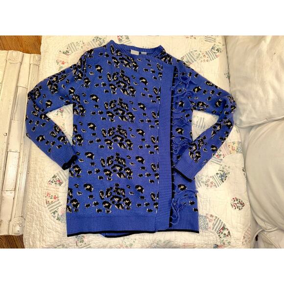 BOHO BLUE ANIMAL PRINT LEOPARD FRINGED CARDIGAN SWEATER S/M - Picture 3 of 10